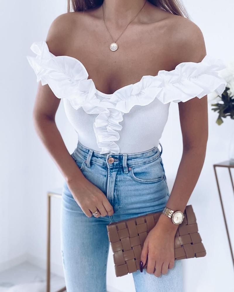 

Frill Hem V-Neck Ribbed Tank Top, White