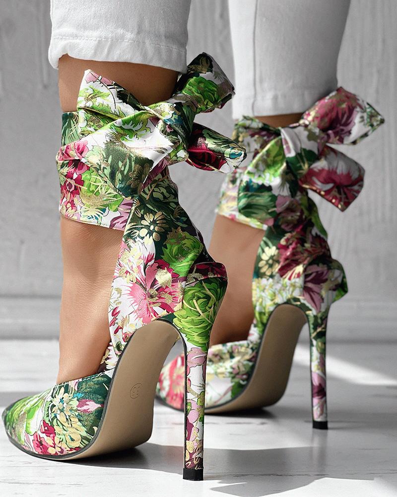 

Floral Print Tied Ankle Thin Heels, Green