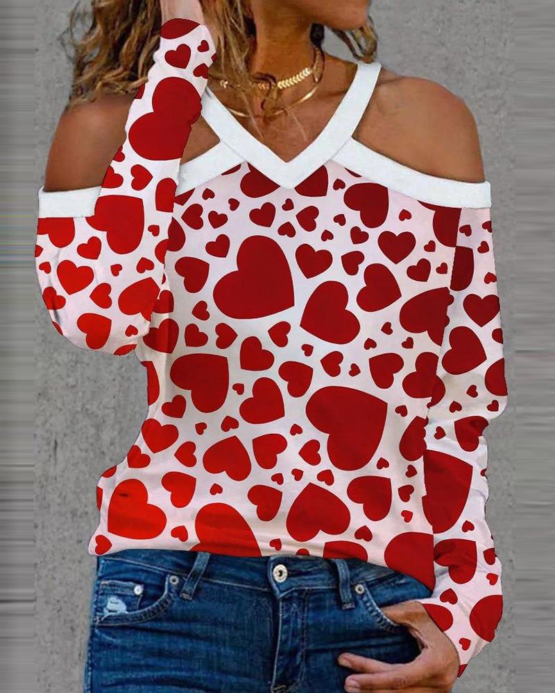 

Valentine' Day Cold Shoulder Heart Print Top, Red