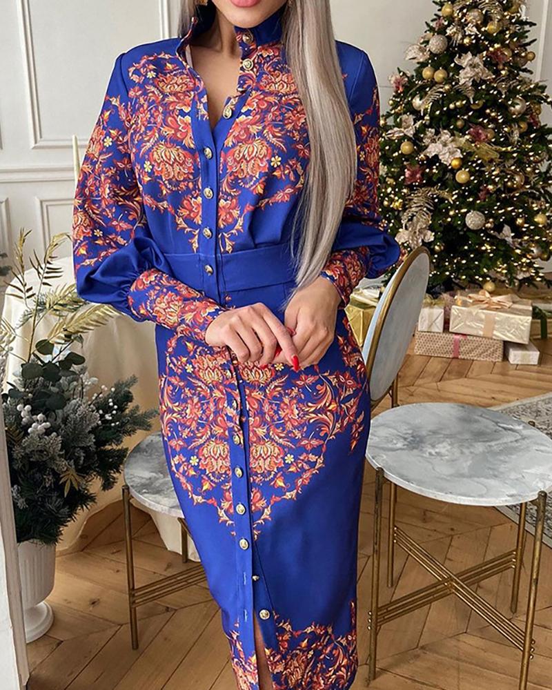 

Lantern Sleeve Scarf Print Button Design Dress, Blue