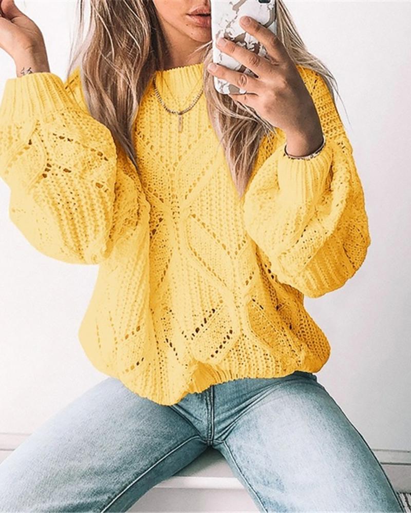 

Hollow Out Braided Knit Casual Sweater, Yellow