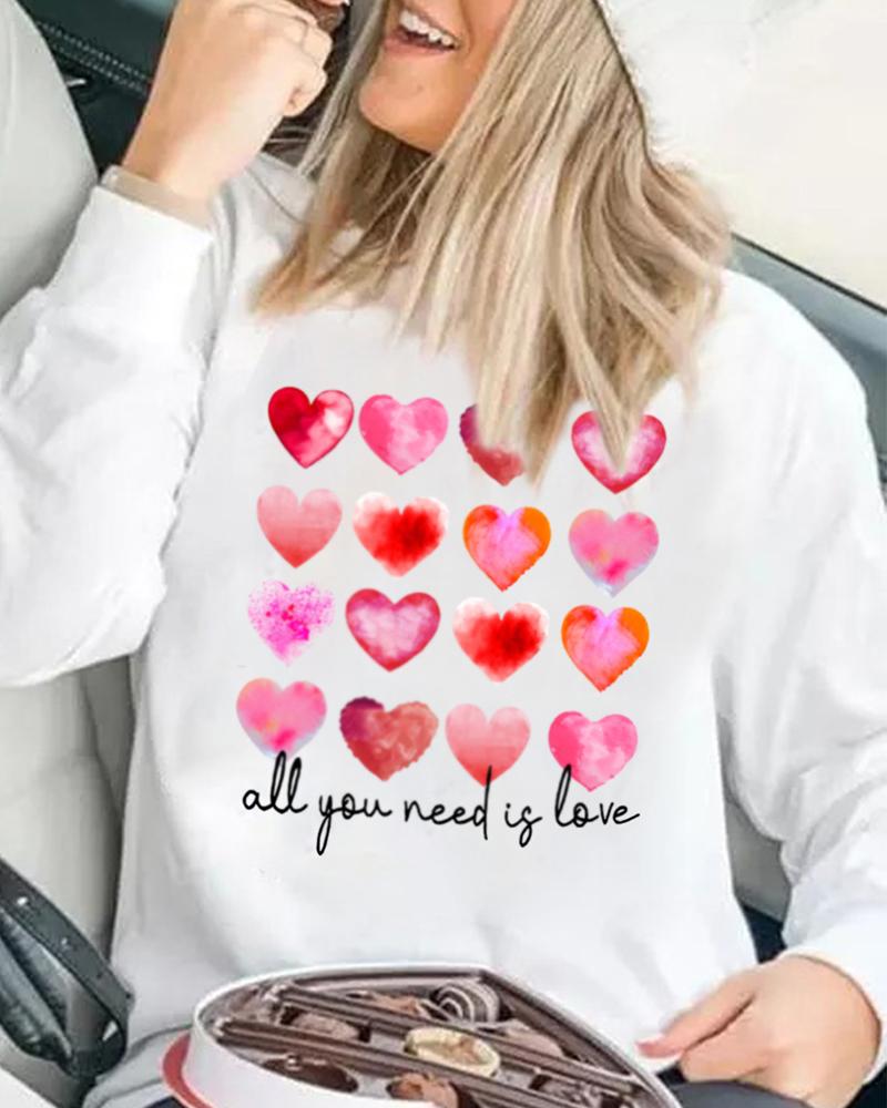 

O Neck Letter Heart Print Long Sleeve Top, White