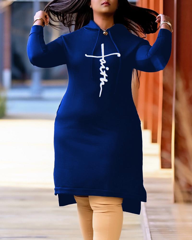 

Plus Size Letter Print Slit Casual Hooded Sweatshirt Dress, Blue