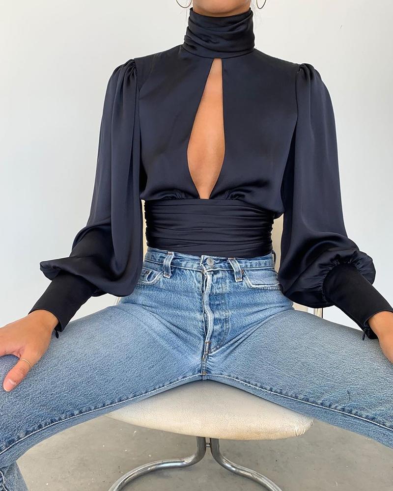 

Keyhole Backless Long Sleeve Top, Black