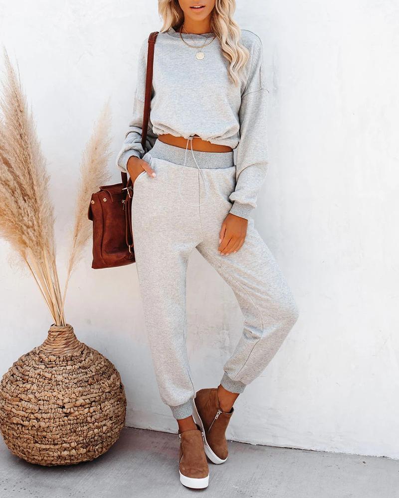 

Lantern Sleeve Drawstring Casual Top & High Waist Pants Set, Light gray