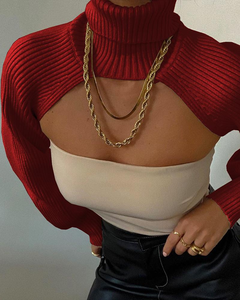 

Lantern Sleeve High Neck Crop Knit Sweater, Wine red