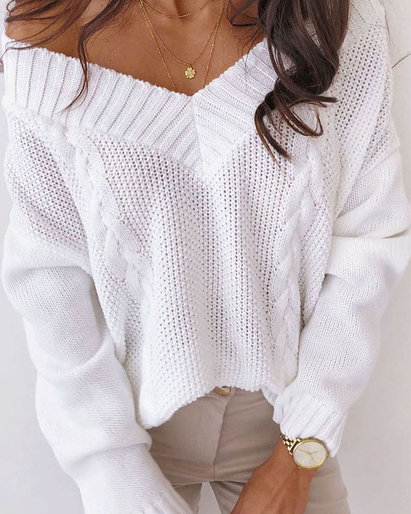 

Long Sleeve V-Neck Cable Knit Sweater, White