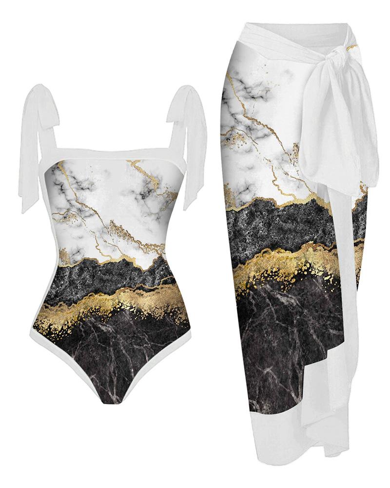 

Marble Print One Piece Swimsuit With Cover Up, White