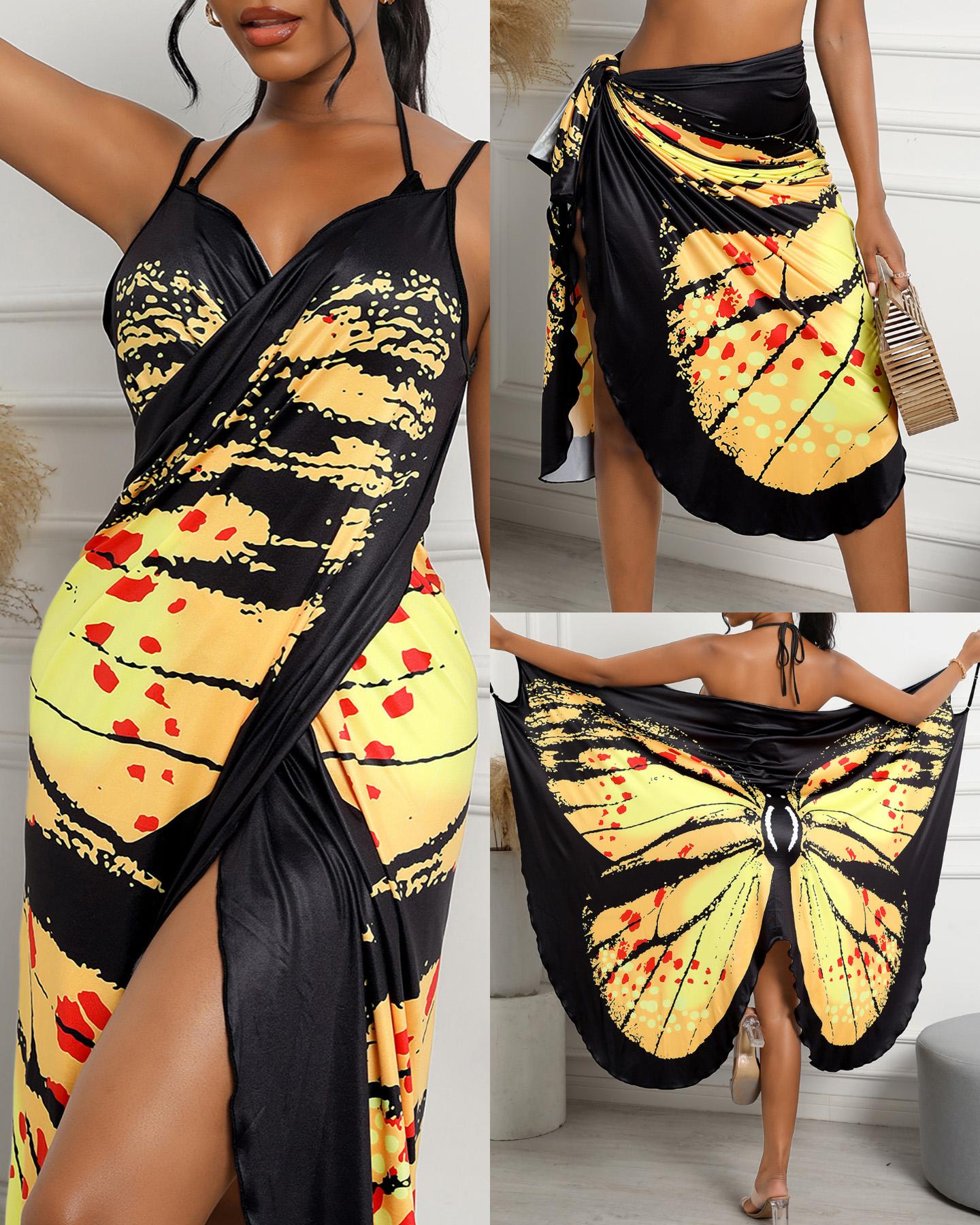 

Butterfly / Bird Print Satin Cover Up, Style1
