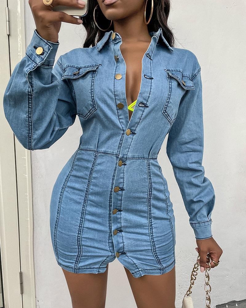 

Long Sleeve Buttoned Pocket Design Denim Shirt Dress, Blue