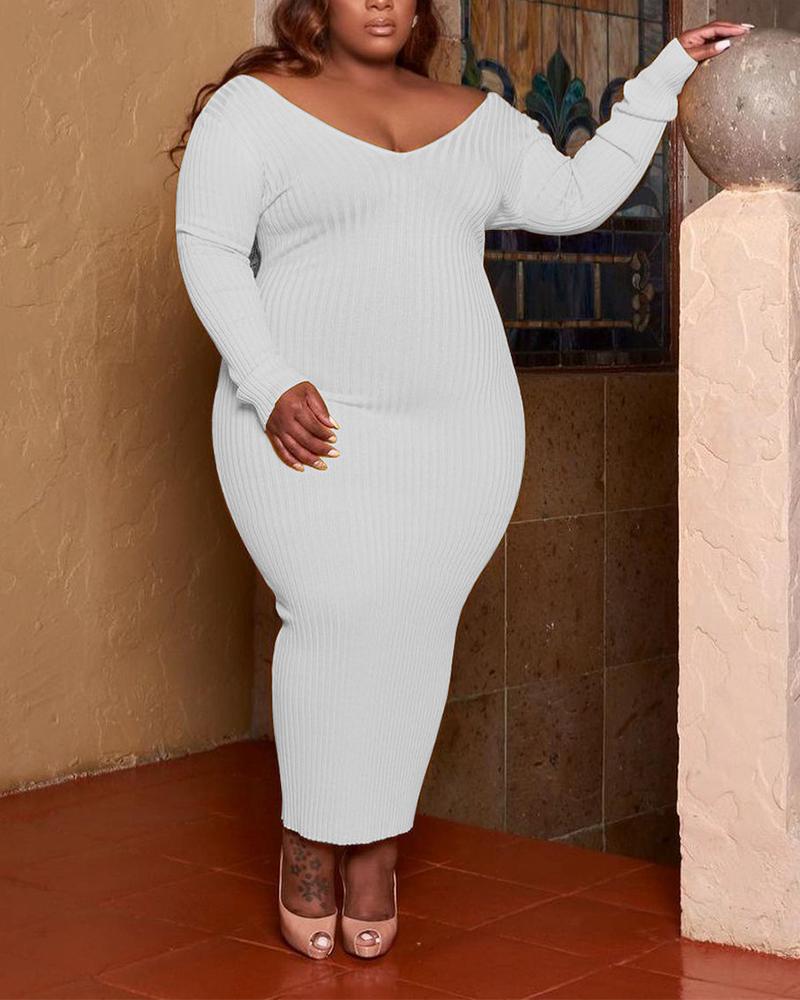 

Plus Size Ribbed V-Neck Skinny Dress, White