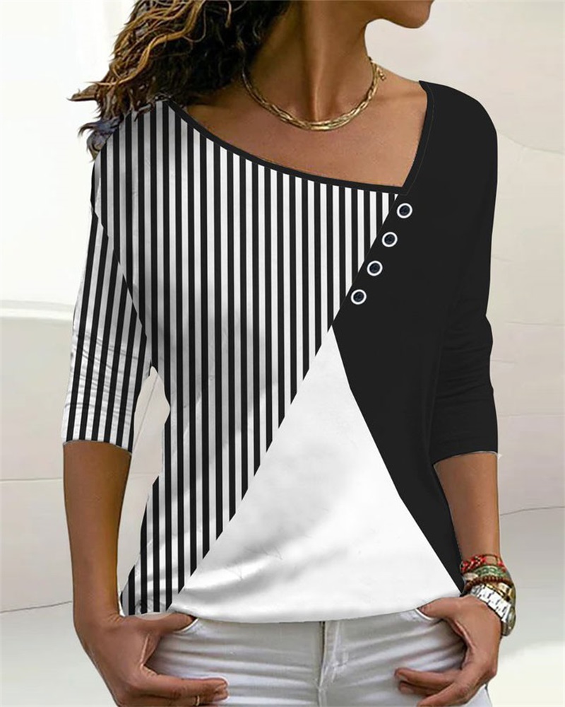 

Colorblock Asymmetrical Neck Long Sleeve Top, Blackwhite