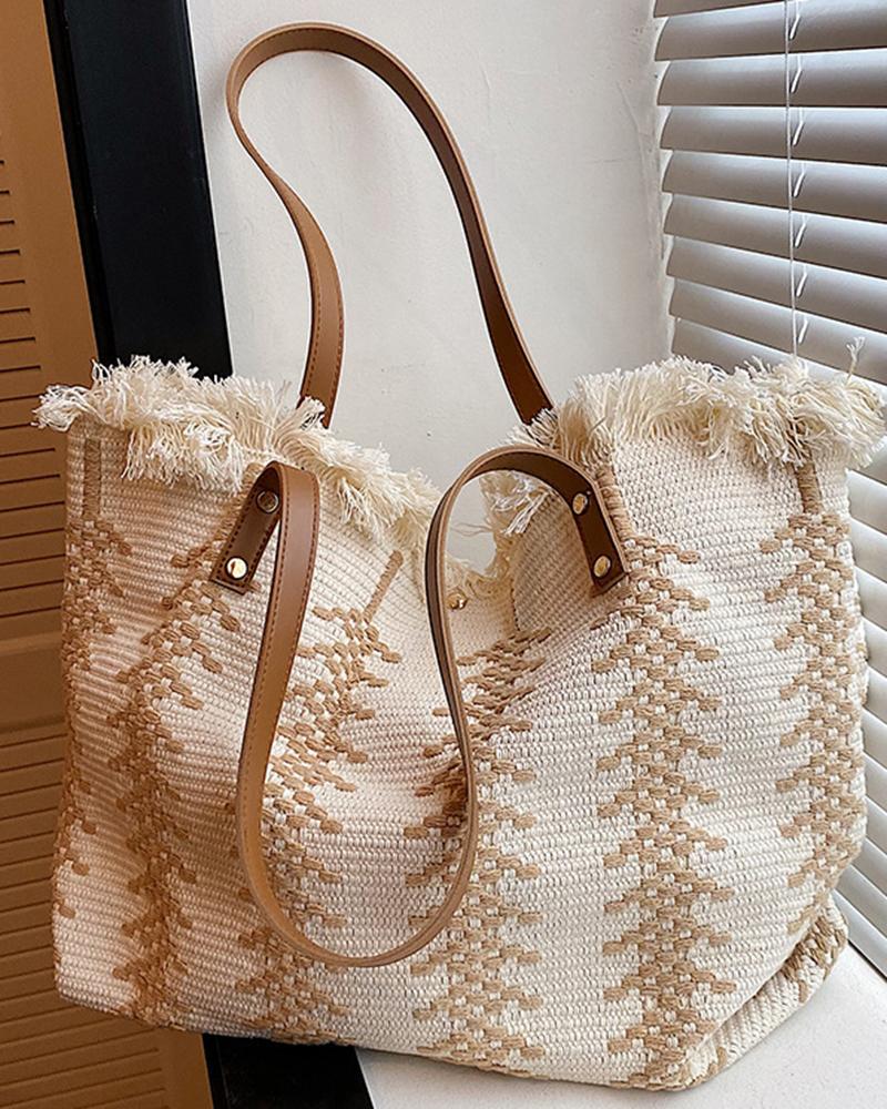 

Raw Hem Large Capacity Braided Tote Bag, Beige