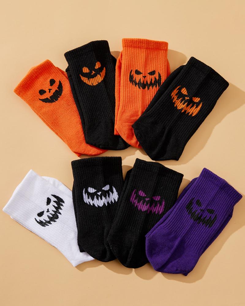 

3Pairs/Set Halloween Scary Face Print Socks (Black/White/Orange), Style1