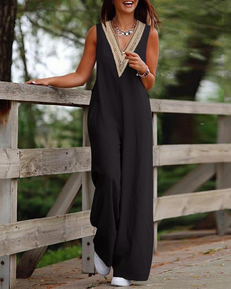 

Contrast Lace V-Neck Sleeveless Jumpsuit, Black