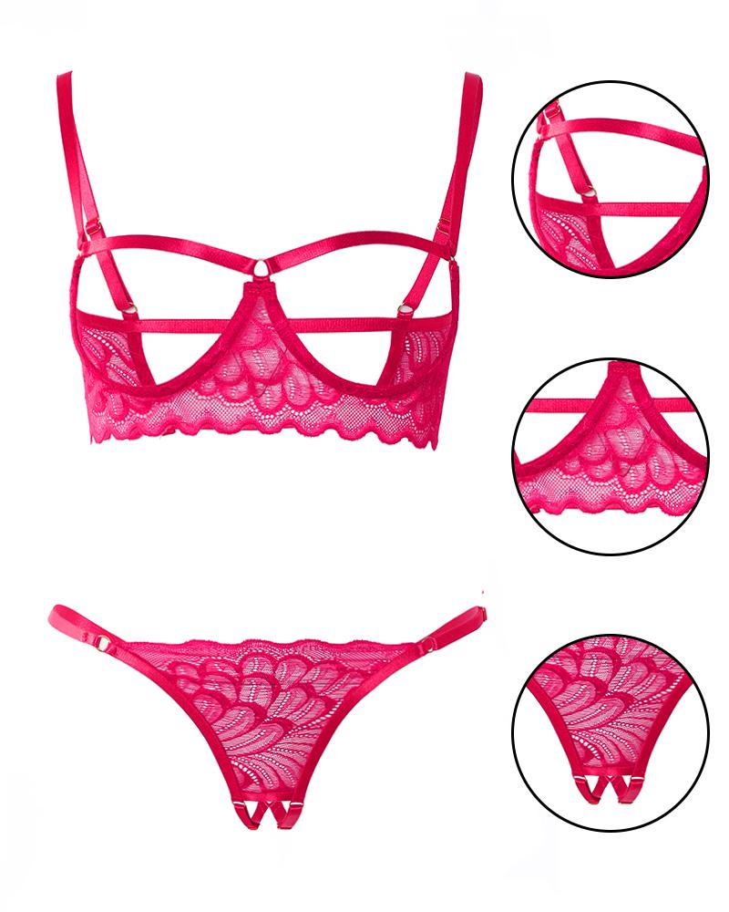 

Crochet Lace Cutout Open Breast Crotchless Lingerie Set, Hot pink