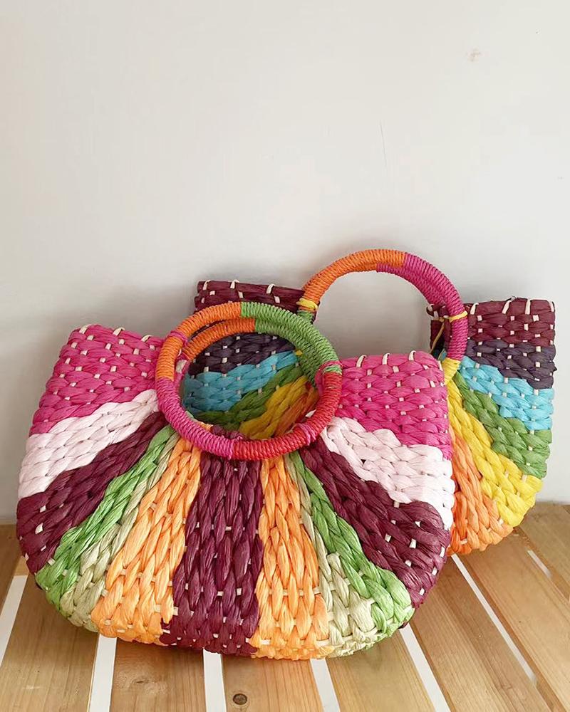 

Colorblock Straw Round Beach Handle Handbag, Style2