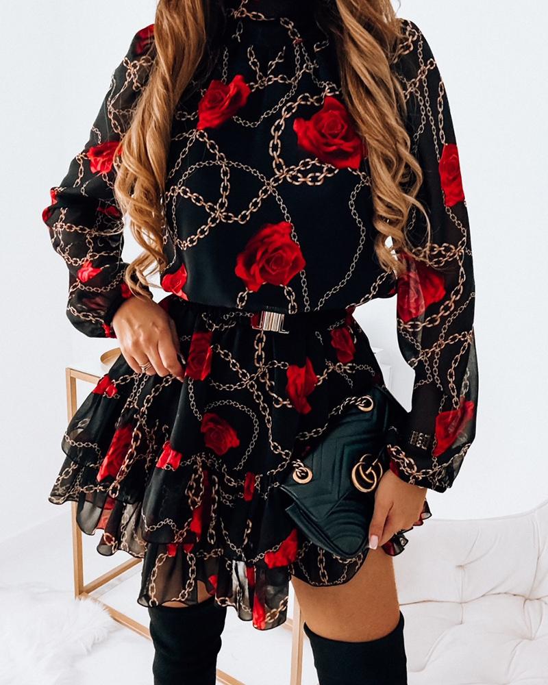 

Rose Chain Print Layered Dress, Black