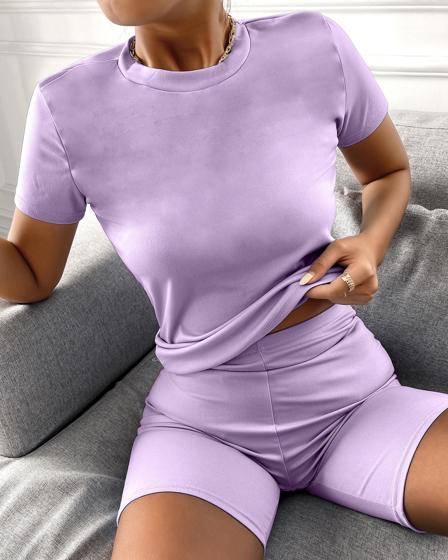 

Solid Short Sleeve Sporty Top & Short Set, Purple