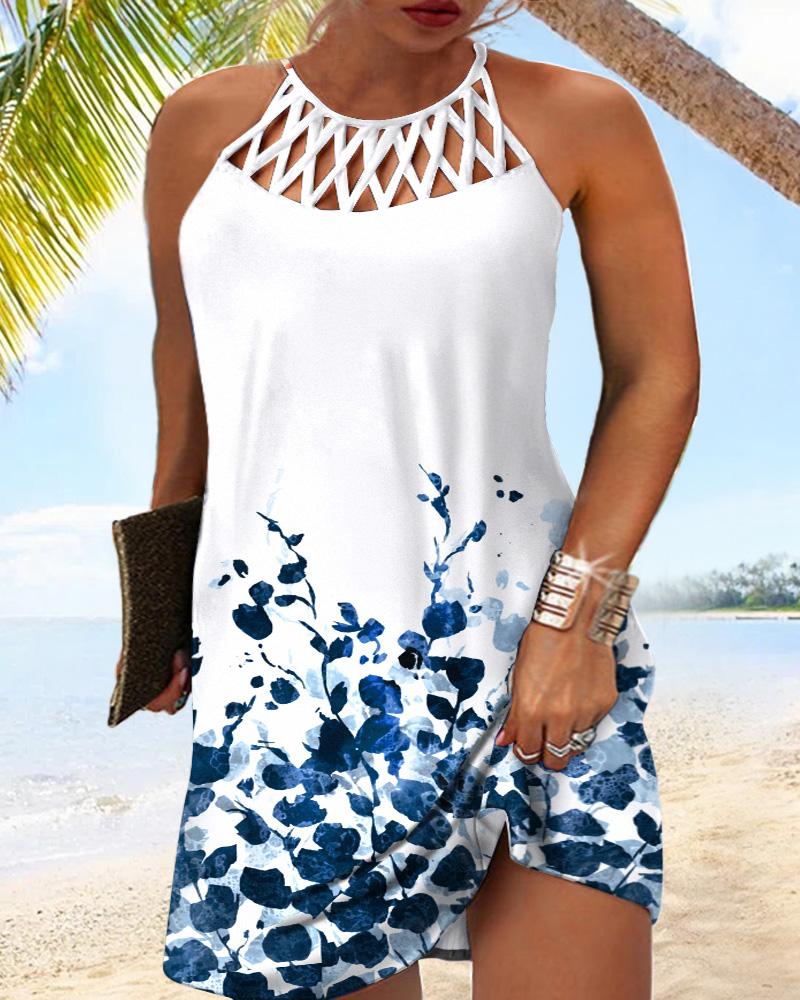 

Plus Size Plants Print Sleeveless Hollow Out Casual Dress, White