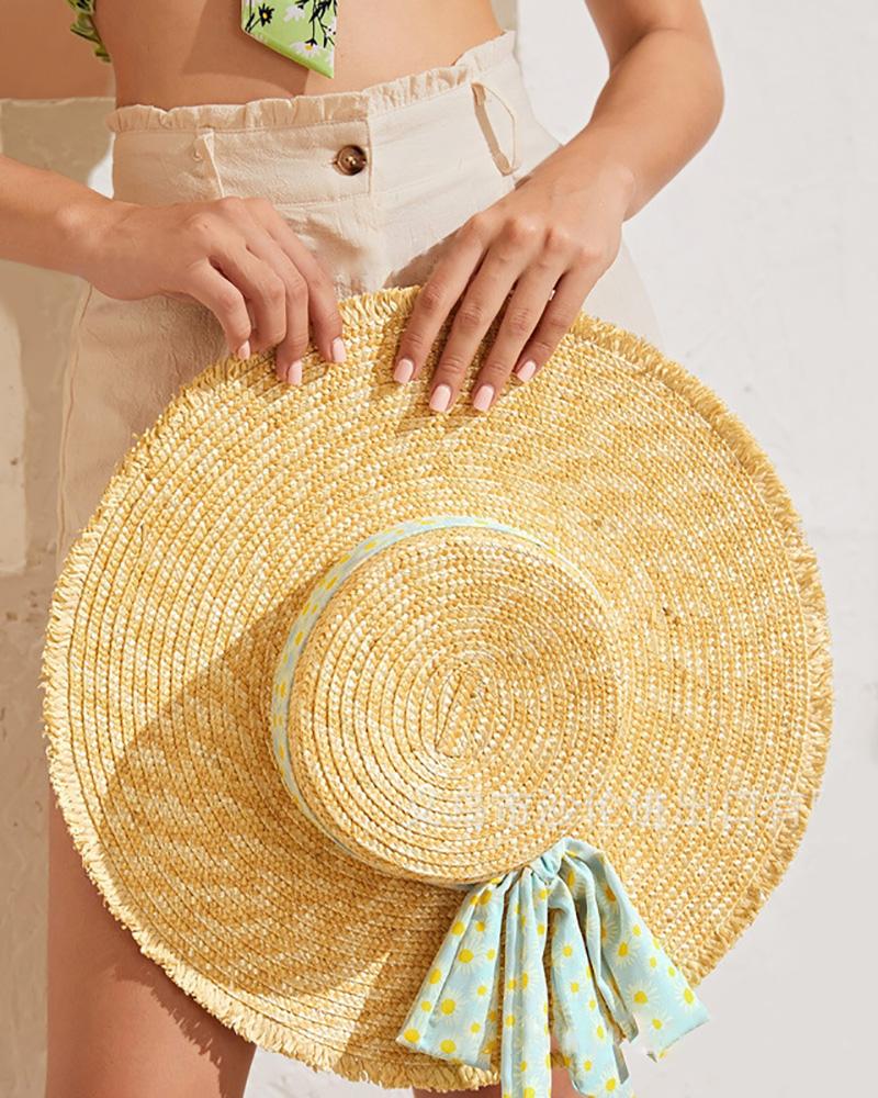

Daisy Print Bow Decor Straw Hat, Khaki