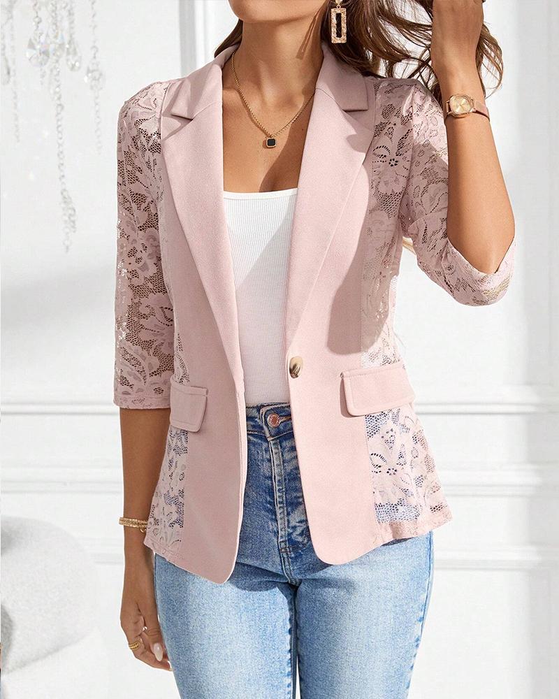 

Lapel Neck Lace Patch Single Button Flap Detail Sheer Blazer Coat, Pink