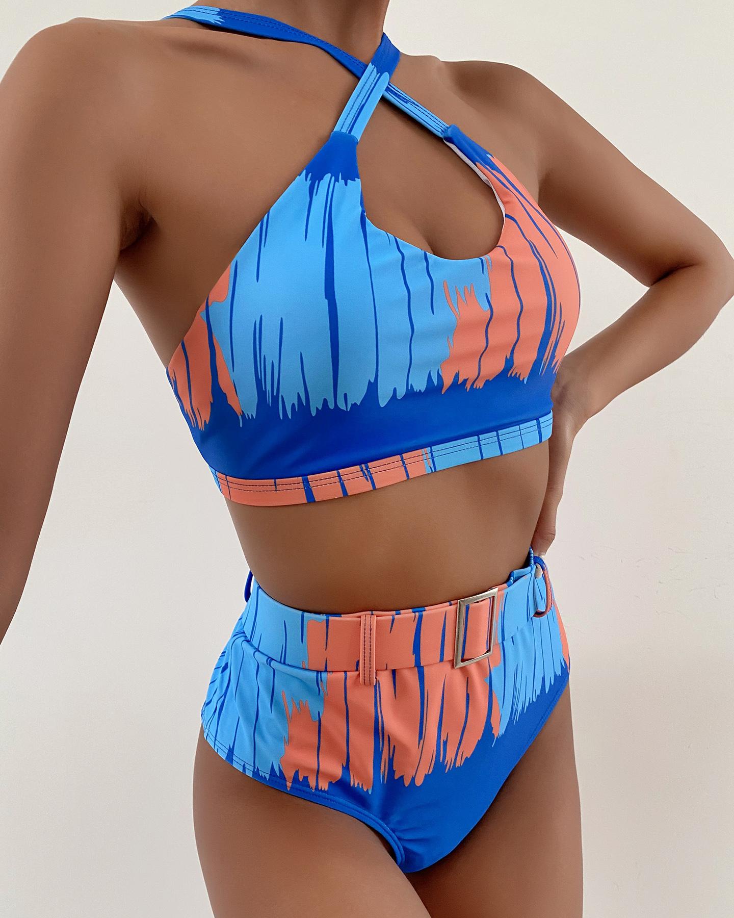 

Halter Backless Colorblock Bikini Set, Blue