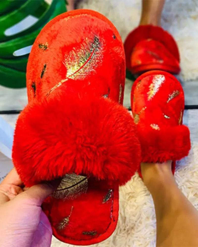 

Feather Embroidery Fuzzy Trim Winter Lined Slippers, Red