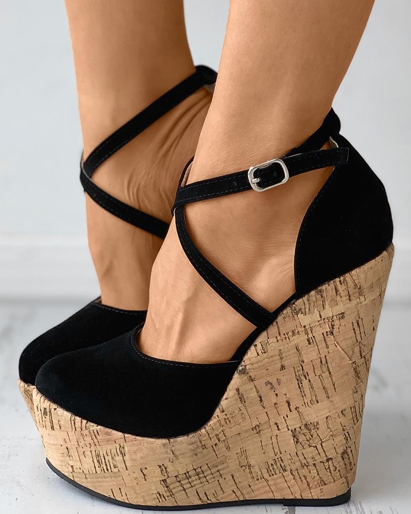 

Suede Bandage Strap Cork Wedge Shoes, Black