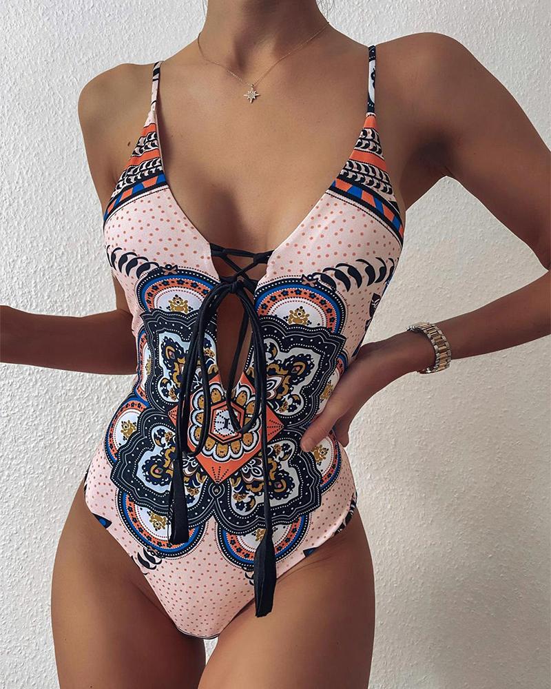 

Vintage Style Spaghetti Strap Lace-up Hollow-out Bikini, Pink