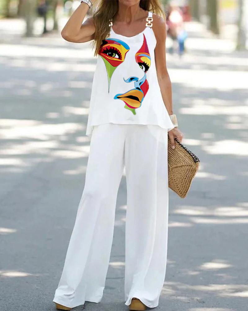 

Figure Print Chain Strap Tank & Wide Leg Pants Set, White