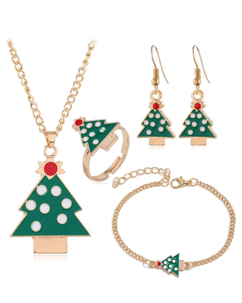 

4PCS Christmas Tree Snowflake Santa Clause Reindeer Jingle Bell Necklace & Earrings & Ring & Bracelet Jewelry Set, Style5