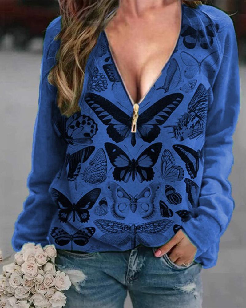 

Butterfly Print Zipper Front Long Sleeve Top, Blue