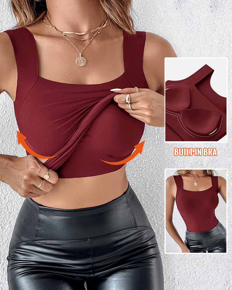 

U Neck Shapewear Built-in Bra Tank High Strechy Sleeveless Slim Fit Tops Camisole, Wine red