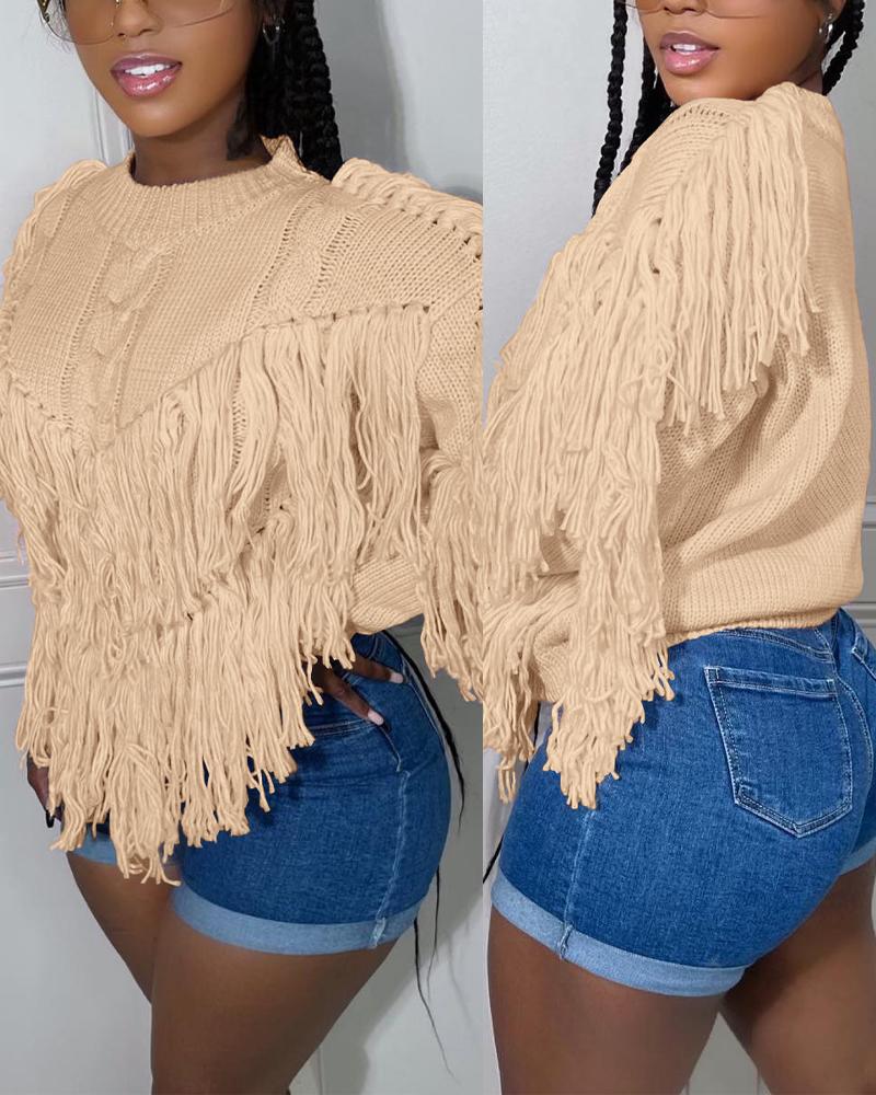 

Long Sleeve Tassel Trim Cable Knit Sweater, Khaki