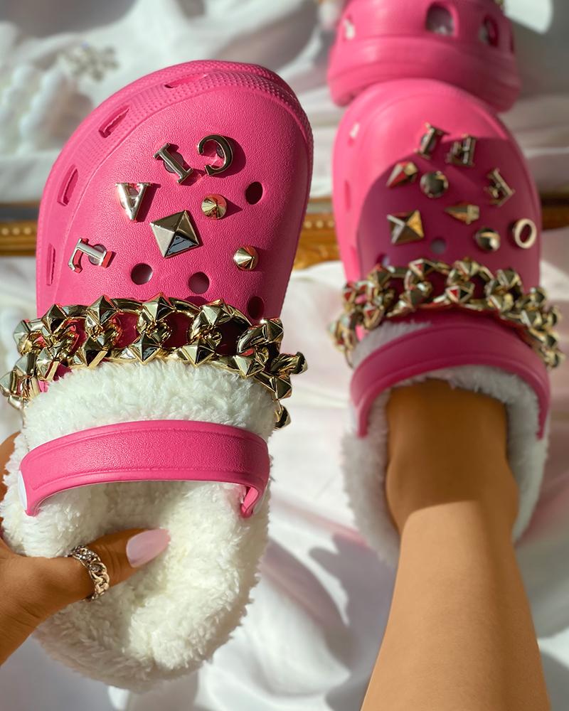 

Chain Studded Decor Fluffy Clogs, Hot pink