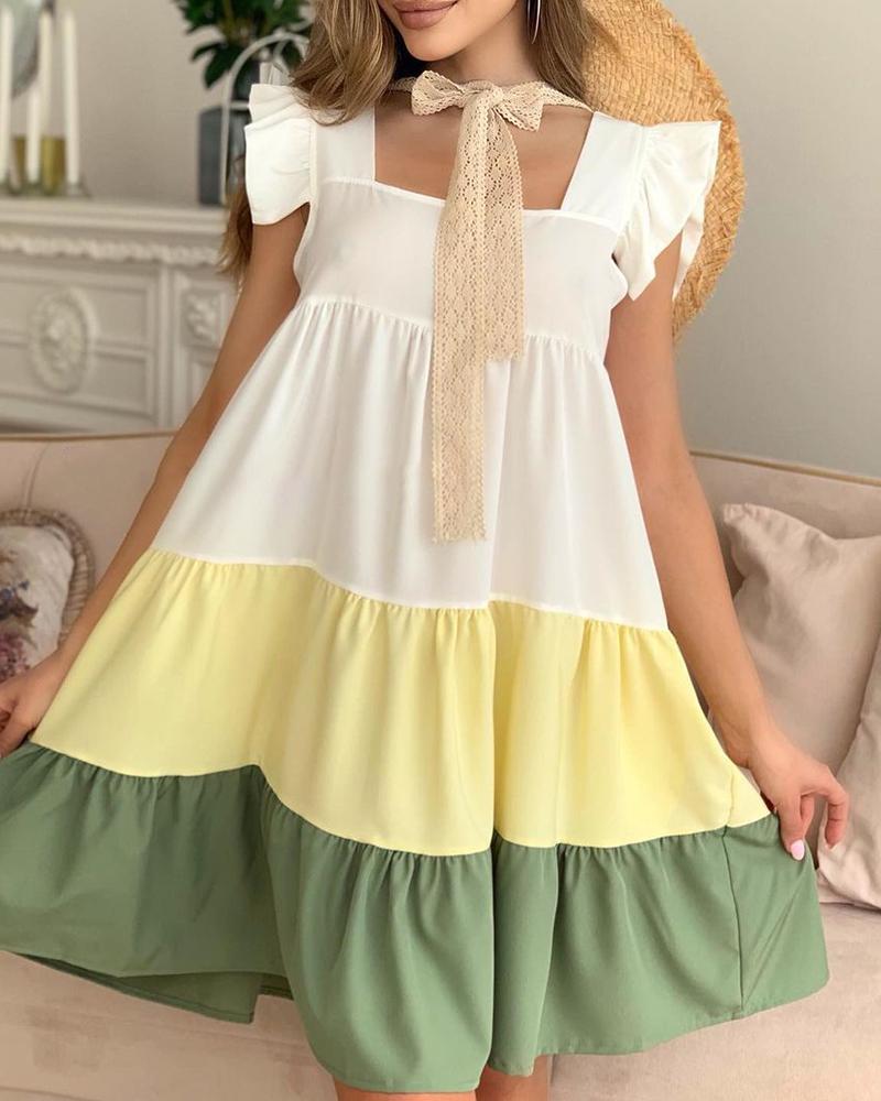 

Colorblock Flutter Sleeve Casual Dress, Light yellow