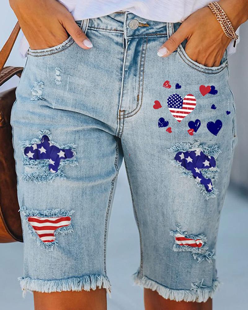 

Independence Day Flag Heart Print Patchwork Ripped Denim Shorts, Blue