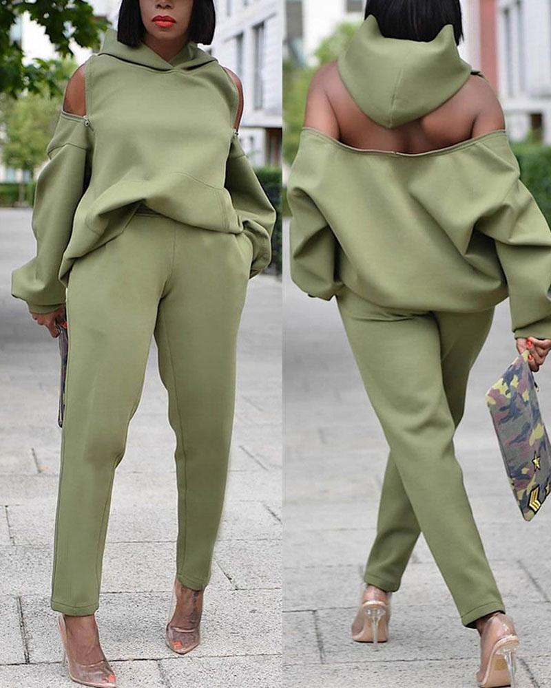 

Plus Size Zip Detail Long Sleeve Hoodie & Pants Set, Green