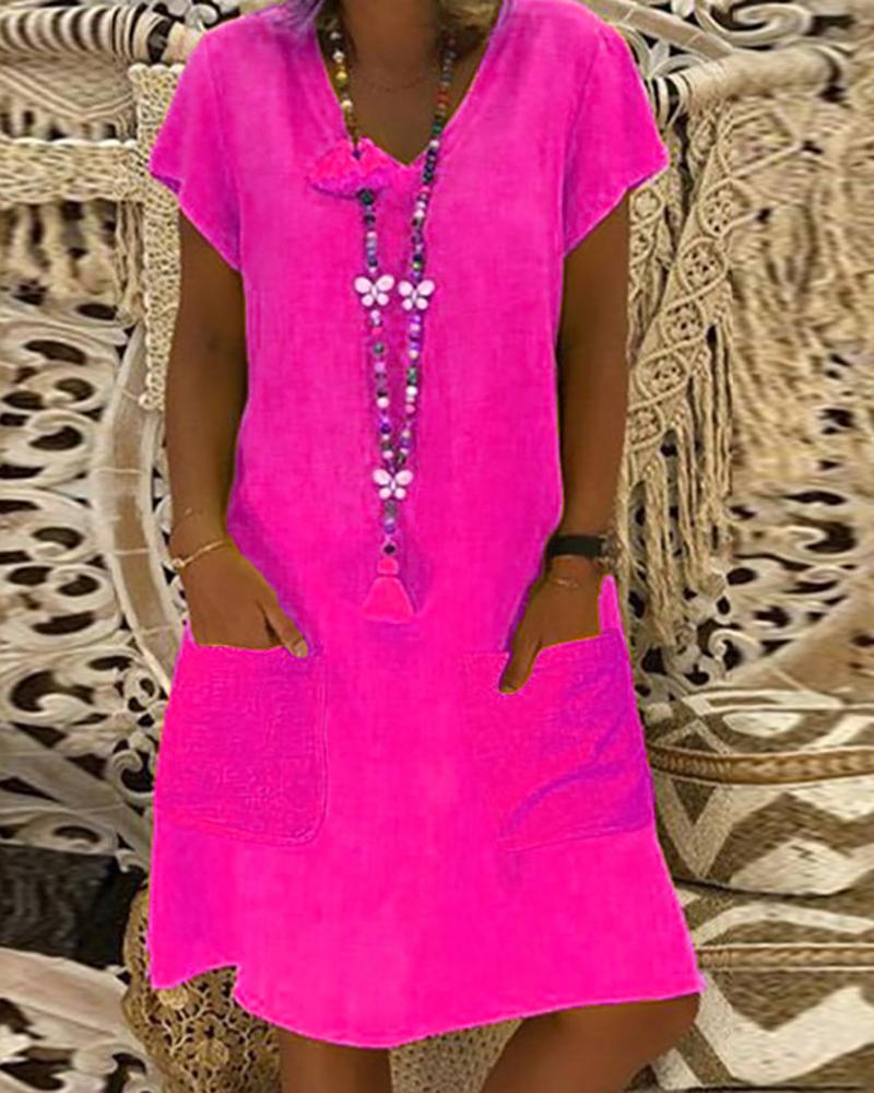 

Pocket Design Short Sleeve Tassel Design Casual Dress, Hot pink