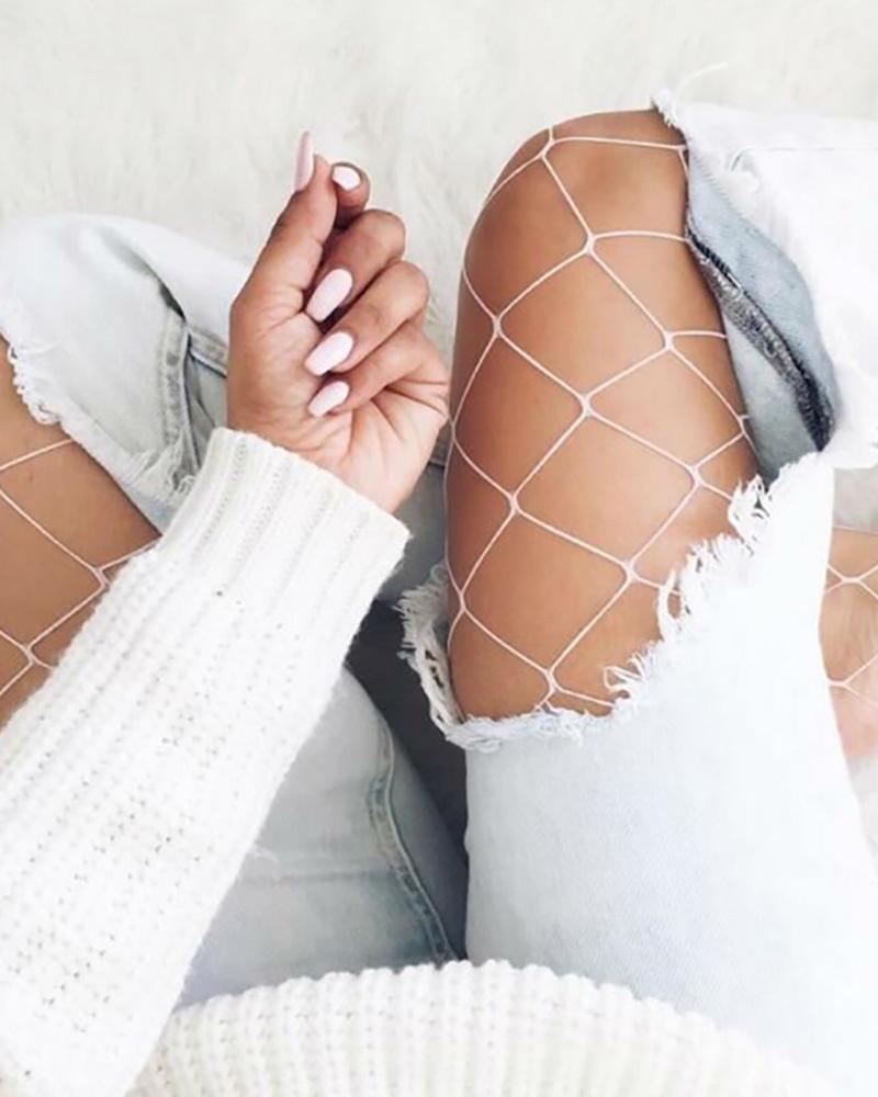 

Plain High Waist Fishnet Stockings, White