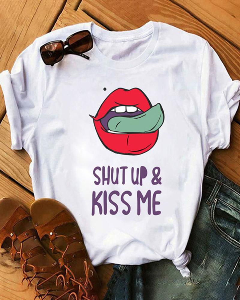

Lip Letter Print Short Sleeve T-shirt, Style5