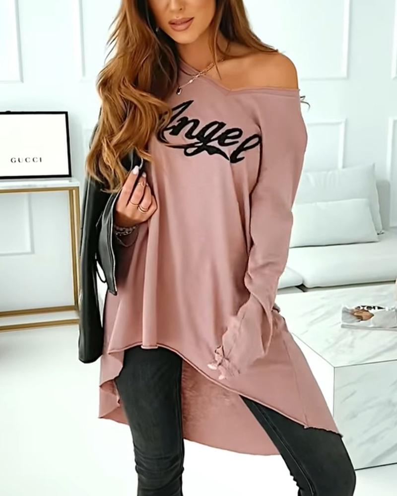 

Letter Print High Low Long Sleeve Top, Style1