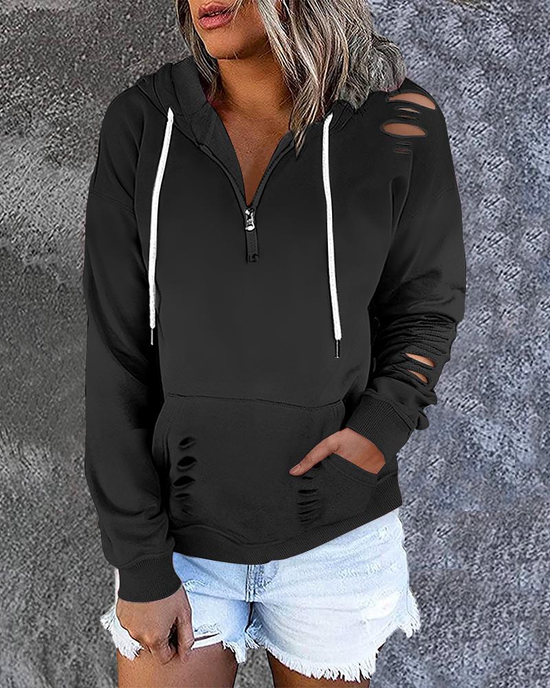 

Zipper Pocket Design Cutout Casual Hoodie, Black