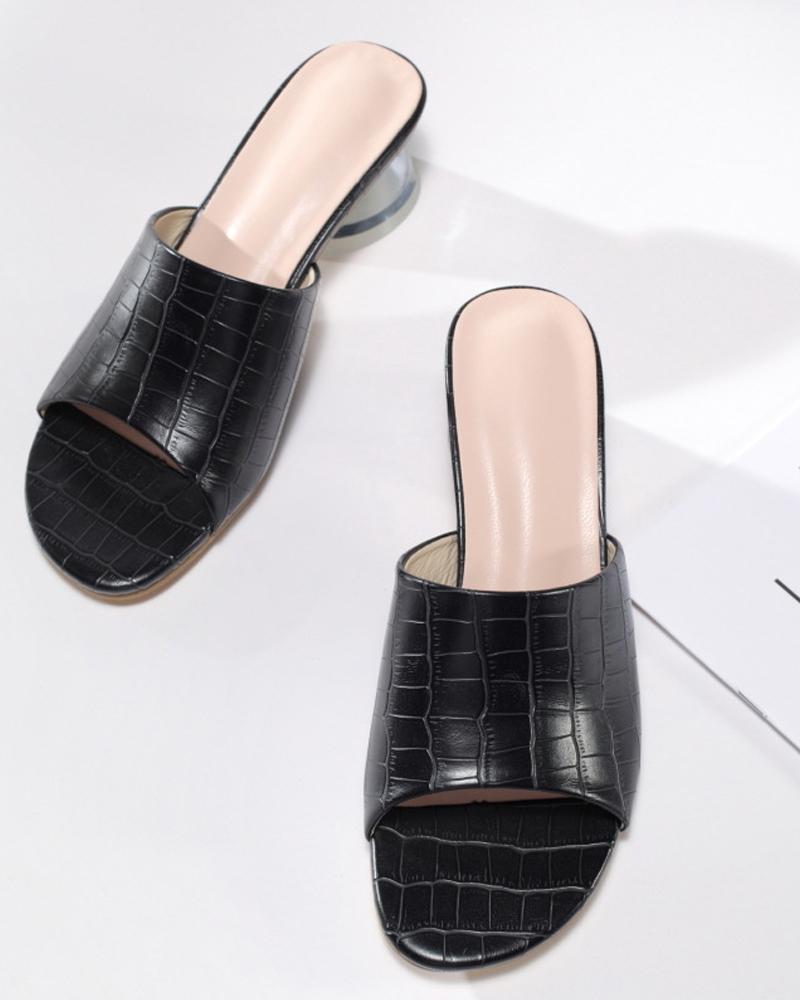

Round-toe Solid Color Crocodile Pattern Open-toe High Heels, Black
