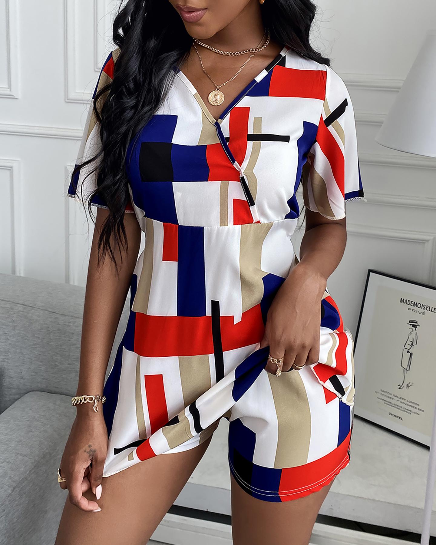 

Colorblock Short Sleeve Top & Shorts Set, Multicolor