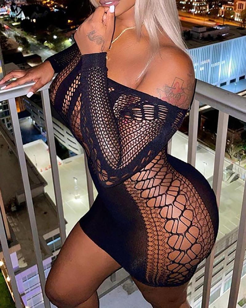 

Off Shoulder Mesh Hollow Out Bodycon Dress, Black