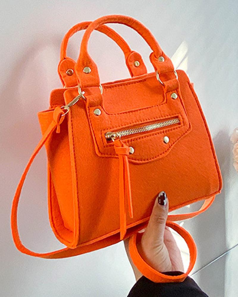 

Zipper Detail Magnet Felt Square Satchel Bag, Orange