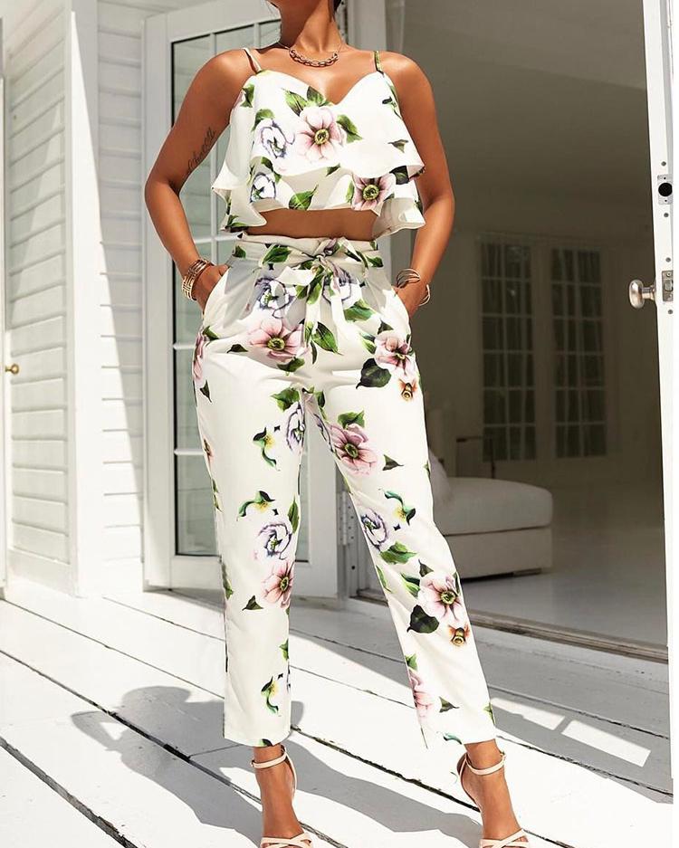 

Stylish Flounced Spaghetti Strap Floral Cropped Twinset, White