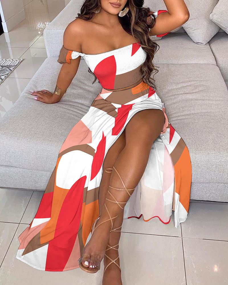 

Colorblock Shirred Crop Top & High Slit Skirt Set, Multicolor